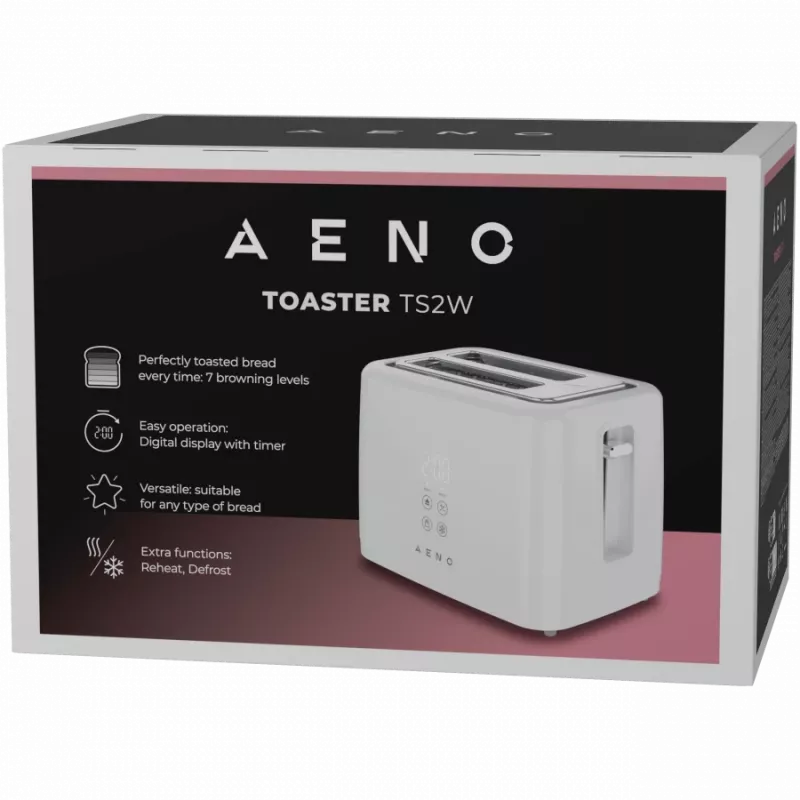 Toaster AENO ATS0002W 2-slot, 780–930 W, 220–240 V 50–60 Hz, 3 modes, 7 browning levels, White