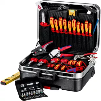 Mechanics tool set Knipex 00 21 06 — 68 tools, includes needle-nose and water pump pliers, red/yellow tools, black case (515×438×265 mm)