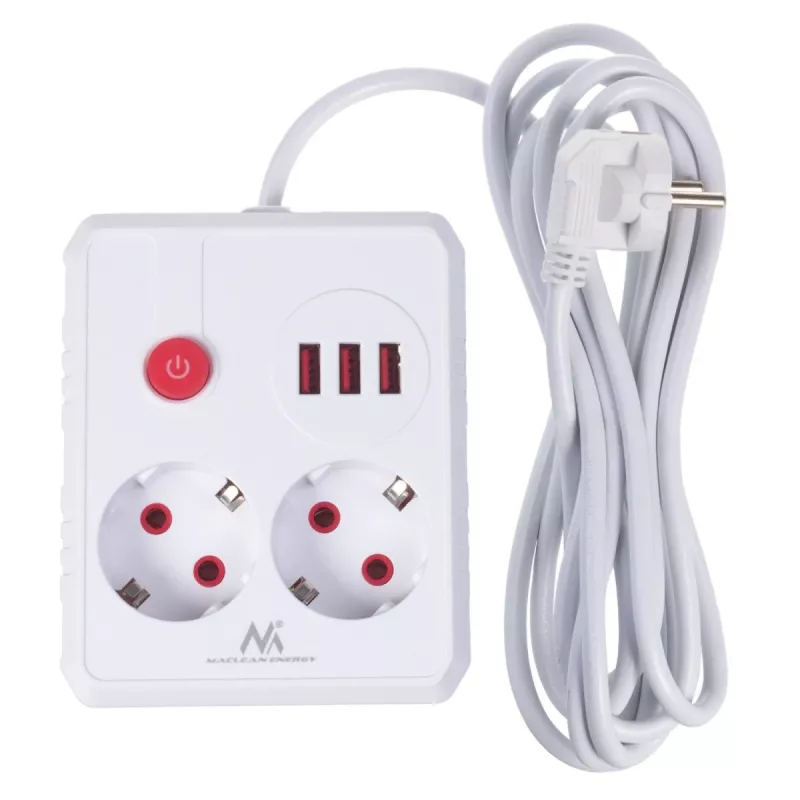 Power strip MACLEAN MCE388 W — 2 sockets, 3×USB, 110–240V, 2500W, 3 m cable, white
