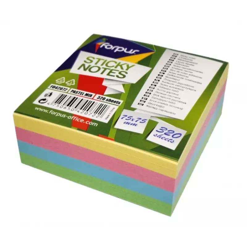 Sticky Notes Forpus, 75x75mm, Mix of 4 pastel colours, cube (1x320)