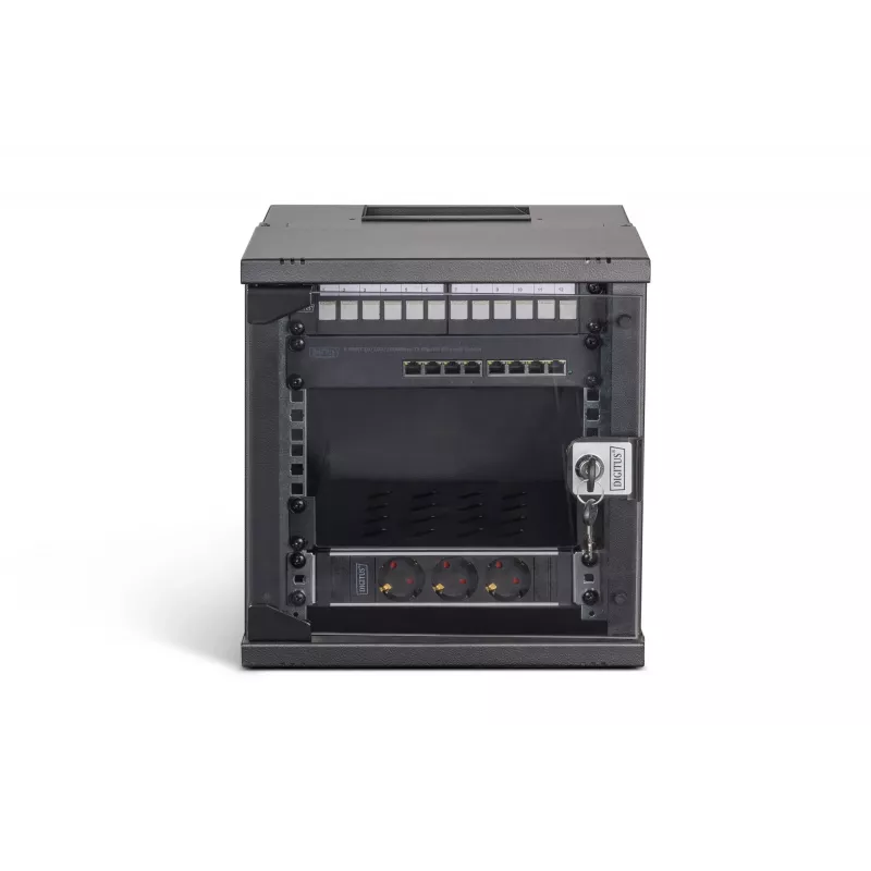DIGITUS SOHO PRO 6U 10 inch Wall-Mount Network Cabinet Set with 8-Port Gigabit Switch, 12-Port Cat 6A Patch Panel, Shelf, Power Strip and 10 Patch Cables