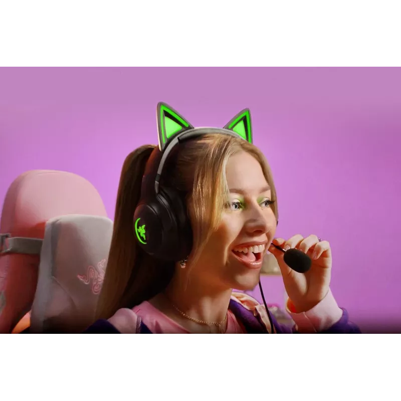 Kraken Kitty V2 - Black, Gaming headset, Kitty Ears, Stream Reactive Lighting, HyperClear Cardioid Mic, 40 mm TriForce Drivers, Built into the earcups microphone, Razer Chroma RGB (Ear and Earcups), Surround sound: Only available on Windows 10 64-bit