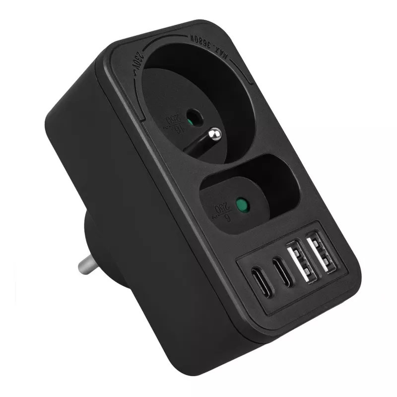 Power splitter MACLEAN MCE249 F/B — 2 AC sockets (16A + 6A) with 2×USB-A and 2×USB-C PD 20W, EU plug, black