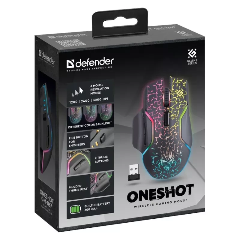 Defender Oneshot GM-067 Mouse Gaming Right-hand RF Wireless + USB Type
