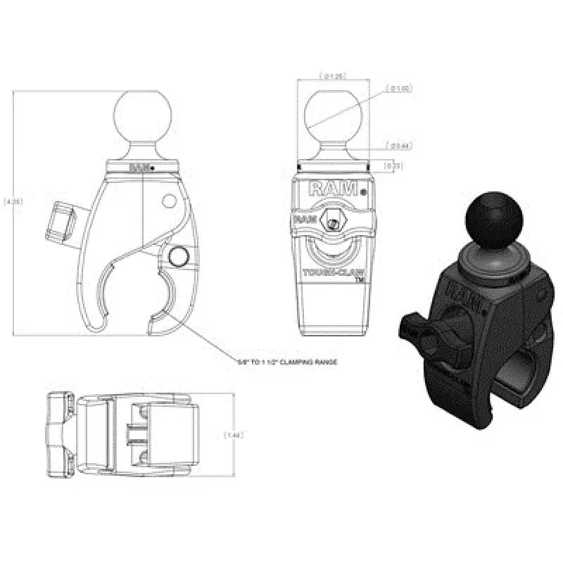 Clamp base RAM Mounts Tough-Claw Small RAP-B-400U, composite, 2.54 cm ball, black