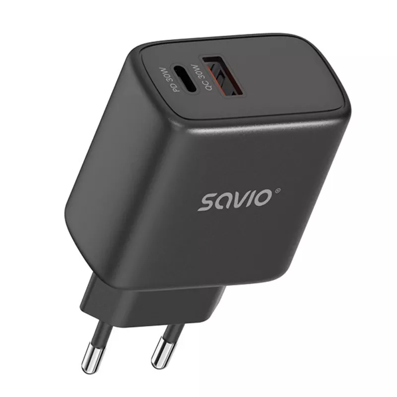 SAVIO LA-06/B 30W Wall Charger, USB-A + USB-C, Quick Charge, Power Delivery 3.0, Black