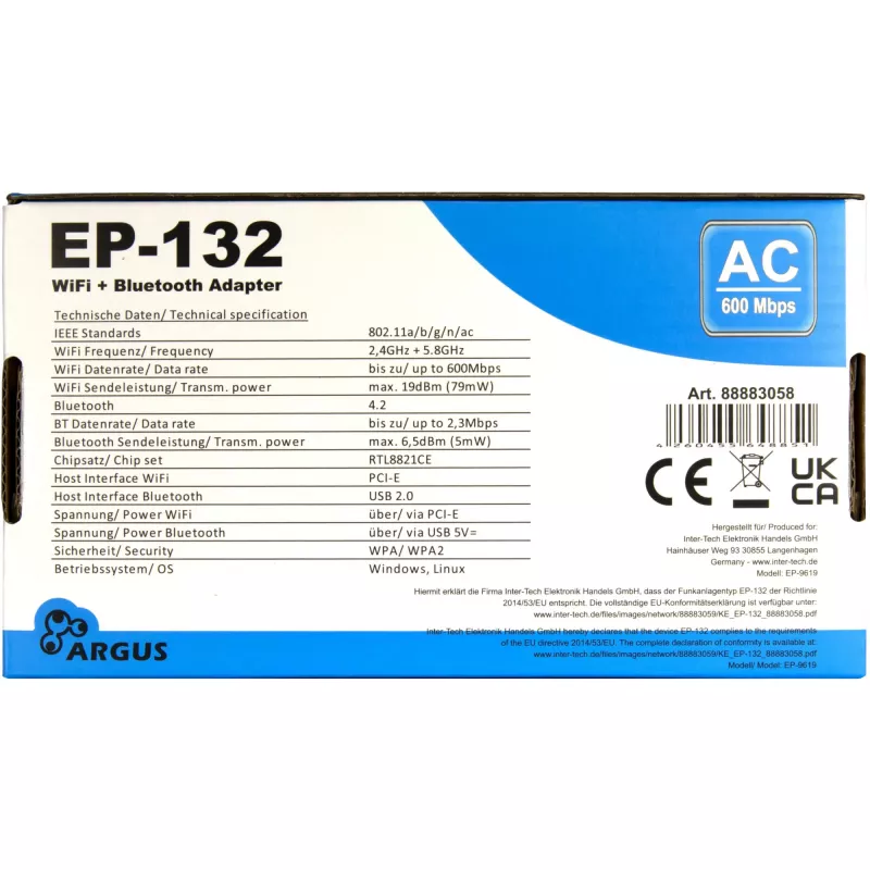 Wireless USB Network Adapter INTER-TECH Argus EP-132, USB 2.0, Wi-Fi 5 (up to 600 Mbps)