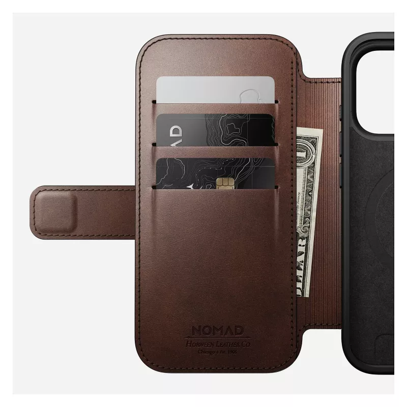 Mobile phone cover Nomad Modern Leather Folio for iPhone 17 Pro, leather/aluminium, 16 cm (6.3 inch) brown, 4 card pockets