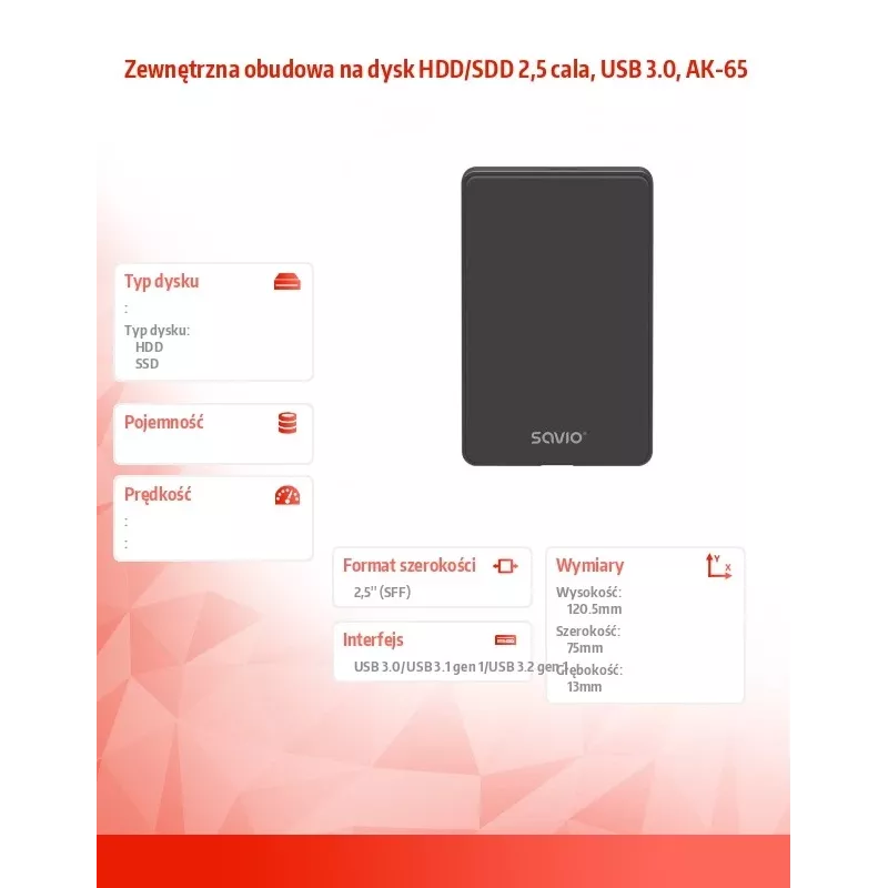 HDD/SSD enclosure SAVIO AK-65 Black 2.5 inch SATA USB 3.0 5 Gbit/s Micro-USB