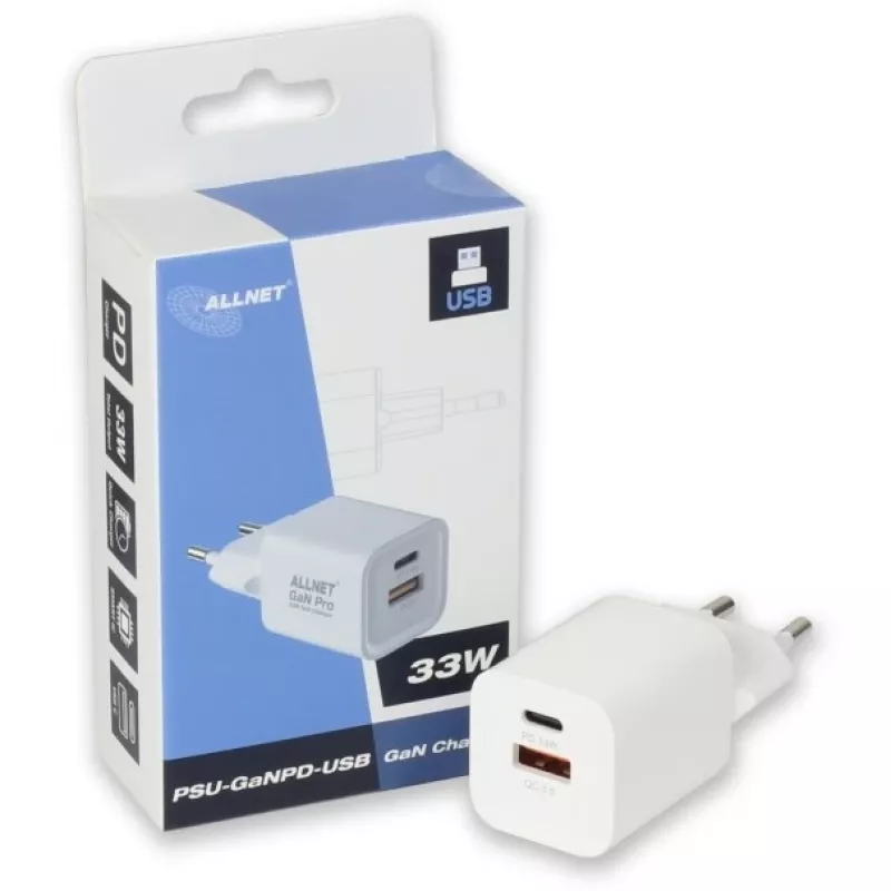 Power adapter ALLNET PSU-GaNPD-USB-1A1C-45W USB-C PD and USB-A QC 45W GaN charger