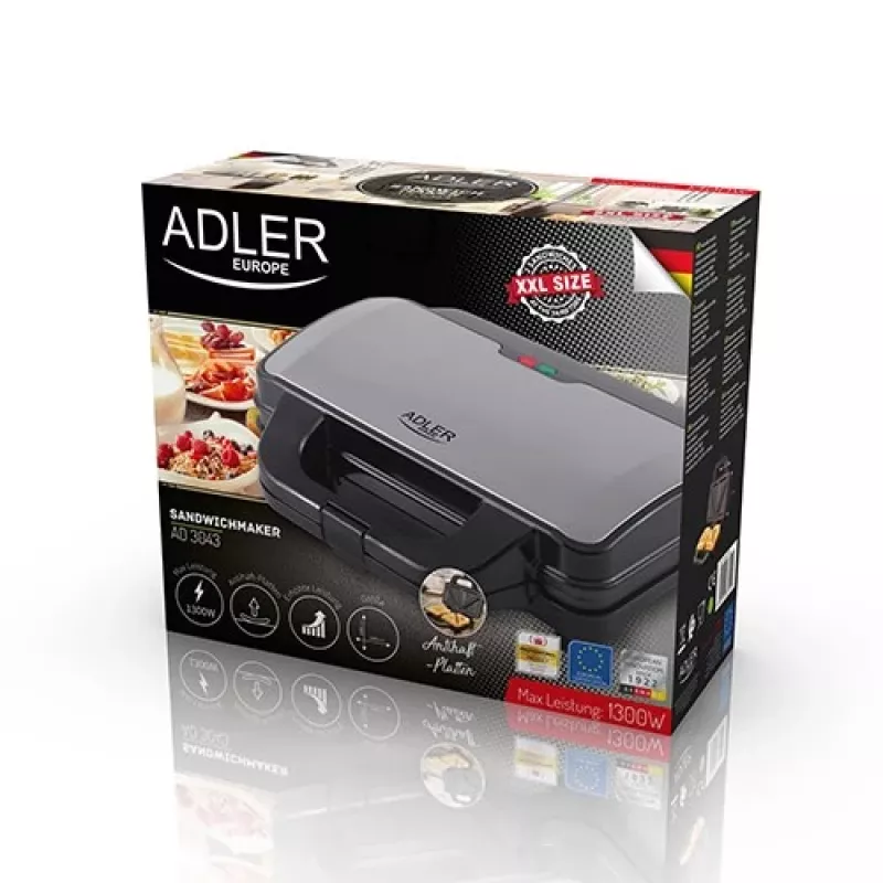 Sandwich maker Adler AD 3043, 1300 W, non-stick plates, 2 sandwiches, 285×152 mm cooking surface, black