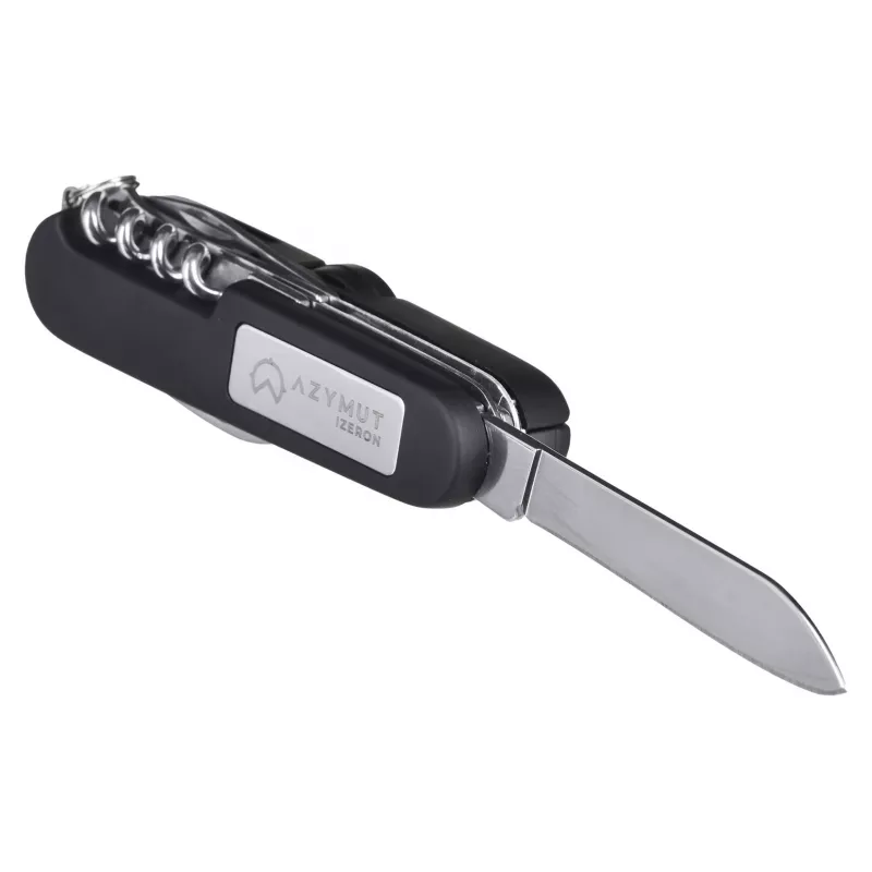 Pocket knife AZYMUT Izeron multi-tool — 13 tools, stainless steel 420J2/3CR13, folded 9 cm, 91 g, leather belt pouch, built-in light & compass