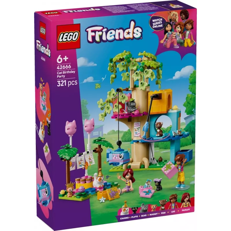 Construction toy LEGO Friends 42666 Cat Birthday Party Tree House playset, 321 pcs, 6+ yrs, 180×160×100 mm