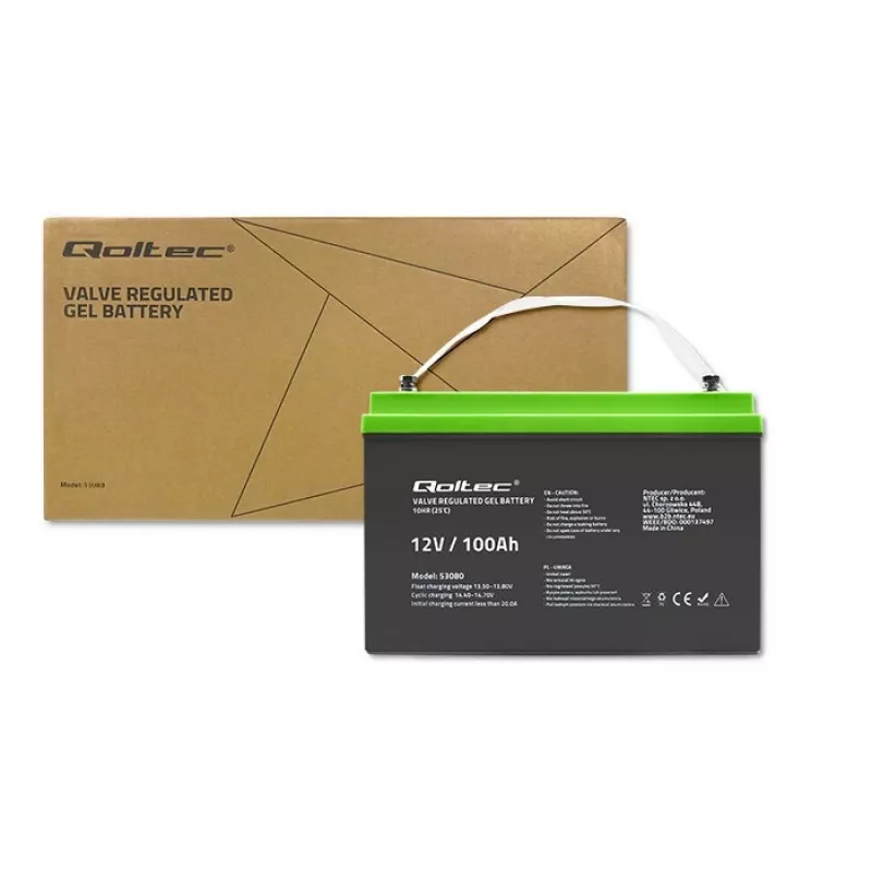 Gel battery QOLTEC 53080 12V 100Ah — sealed rechargeable battery for backup power