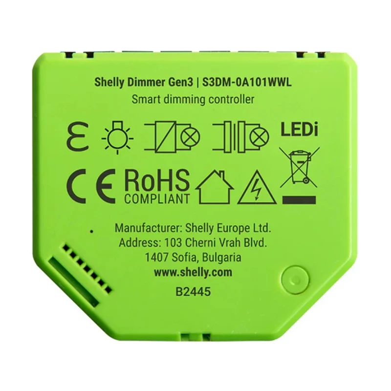 Built-in dimmer Shelly Dimmer Gen3 — LED max 150W, Halogen max 200W, 220–240V, wireless, black/lime