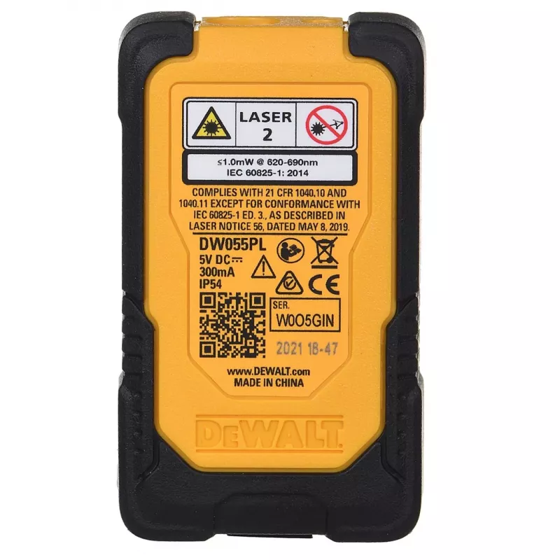 Laser distance meter DeWalt DW055PL-XJ, range 0–16 m, accuracy ±6 mm, 3.7V rechargeable battery, USB cable