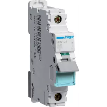 Hager NBN125. Number of Poles: 1P. AC Input Frequency: 50/60 Hz, Nominal Current Output: 25 A. Width: 17,5 mm, Depth: 70 mm, Height: 83 mm (NBN125)