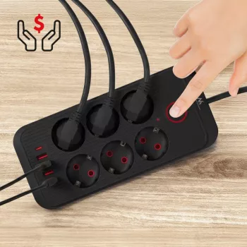 Power strip MACLEAN MCE389 B — 6 sockets, 4×USB-A + 1×USB-C, 110–240V, 2.1A, 2500W, 1.5 m cable, black