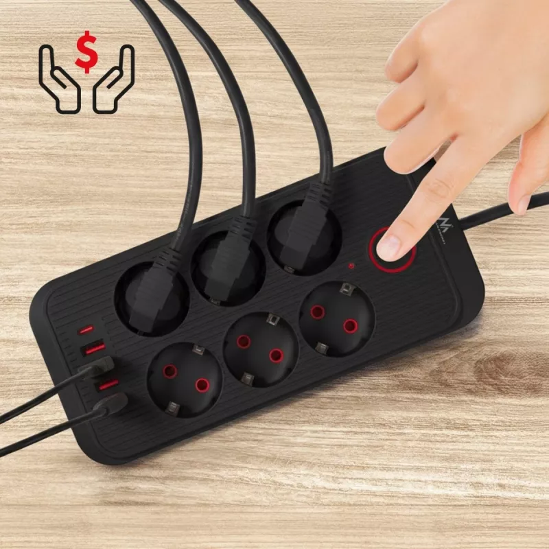 Power strip MACLEAN MCE389 B — 6 sockets, 4×USB-A + 1×USB-C, 110–240V, 2.1A, 2500W, 1.5 m cable, black