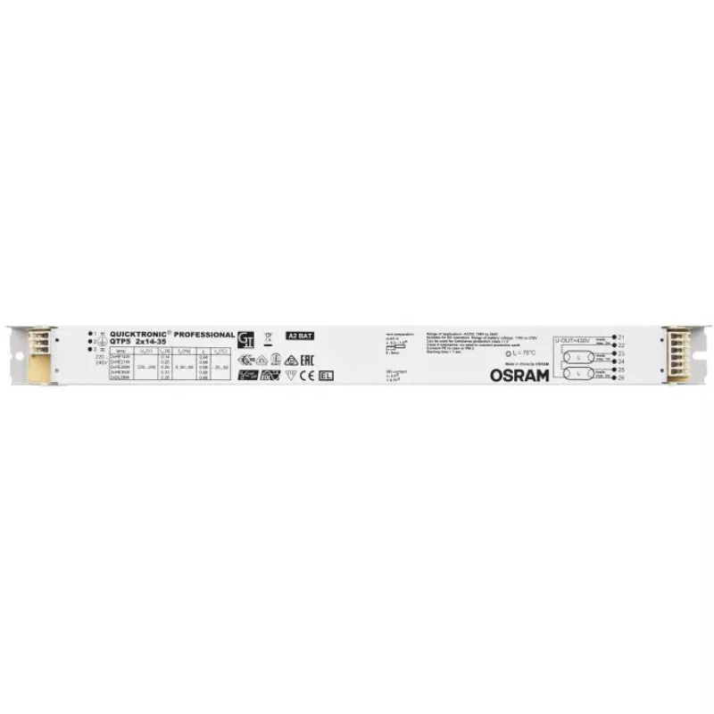 Ballast/LED Driver Osram QTP5 2X14…35, lifetime 100000 h, input 198–264 V, 50/60 Hz, 24 A, -20–50 °C, 30×360×21 mm