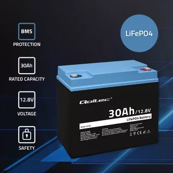 Rechargeable LiFePO4 Battery QOLTEC 12.8V 30Ah 384Wh with BMS