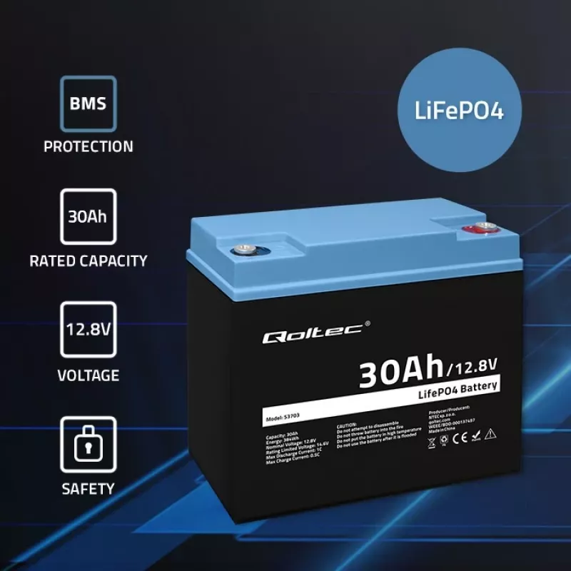 Rechargeable LiFePO4 Battery QOLTEC 12.8V 30Ah 384Wh with BMS