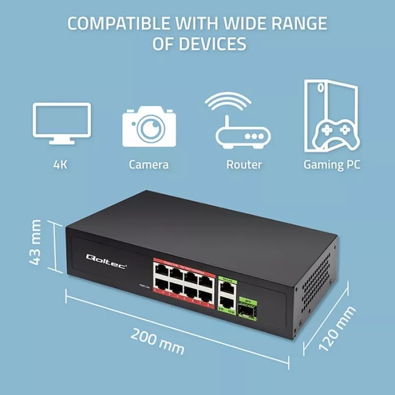 Ethernet Switch QOLTEC 52297 PoE RJ45 with PoE Uplink and SFP port