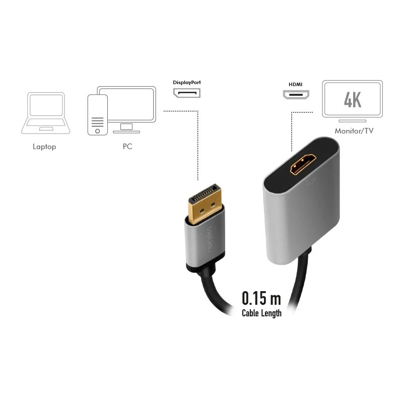 LogiLink CDA0108 video cable adapter 0.15 m DisplayPort HDMI Black Grey