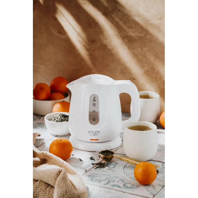 Electric kettle Adler AD 1373 — 1 L capacity, 850 W, white, 360° base, polypropylene