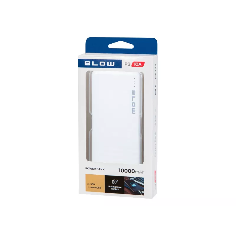 Blow PB10A power bank 10000 mAh, 2x USB (1A + 2.1A), micro USB input, Li-Po, white