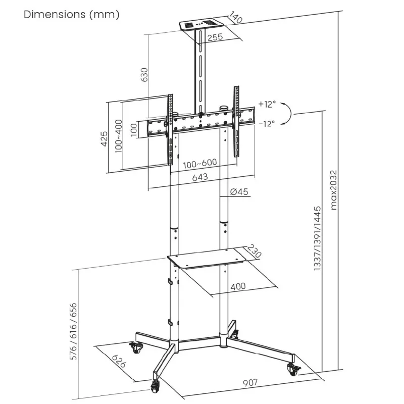 Maclean TV stand / cart, camera shelf, on wheels, 37-70, max load 45kg/5kg shelf, max. VESA 600x400, MC-113 B