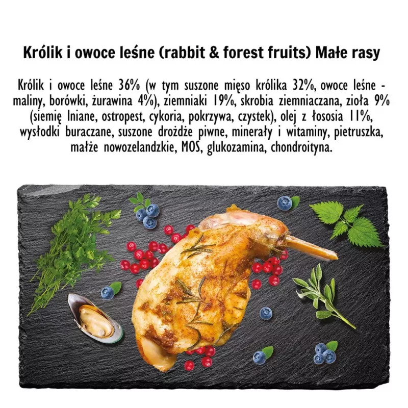 Dry dog food PAKA ZWIERZAKA Rabbit with Forest Fruits S 3 kg — adult small/medium dogs, 29% protein, 16% fat, gluten- and soy-free