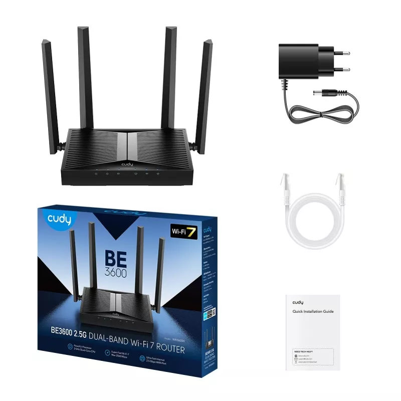 Tabletop router Cudy WR3600H Wi‑Fi 7 dual‑band 2.4/5 GHz, 2882 Mbps, Gigabit Ethernet, 4 LAN ports, 12 V DC