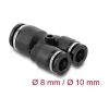 Pneumatic Y-connector DELOCK 2×8 mm → 1×10 mm with mounting hole, metal/plastic, 44 mm