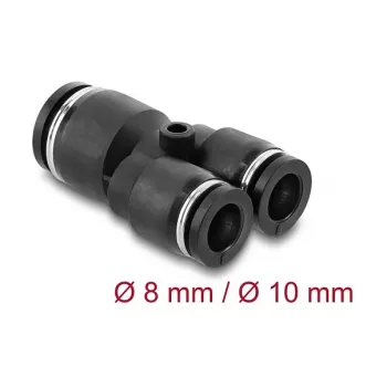 Pneumatic Y-connector DELOCK 2×8 mm → 1×10 mm with mounting hole, metal/plastic, 44 mm