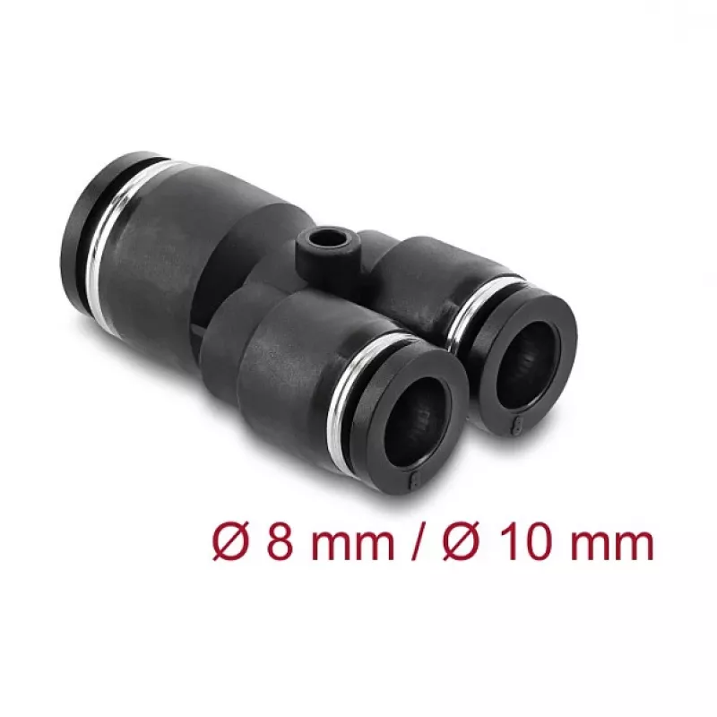 Pneumatic Y-connector DELOCK 2×8 mm → 1×10 mm with mounting hole, metal/plastic, 44 mm
