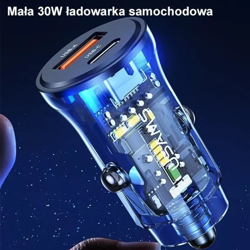 Car charger usams CC164CC01 30W with 1×USB-A and 1×USB-C for fast charging