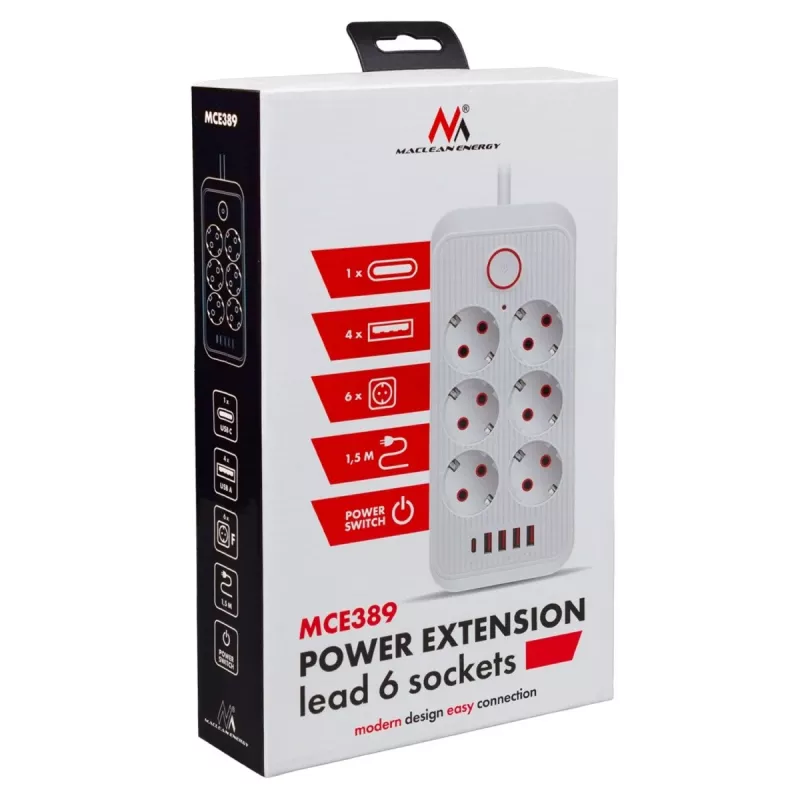 Power strip MACLEAN MCE389 B — 6 sockets, 4×USB-A + 1×USB-C, 110–240V, 2.1A, 2500W, 1.5 m cable, black