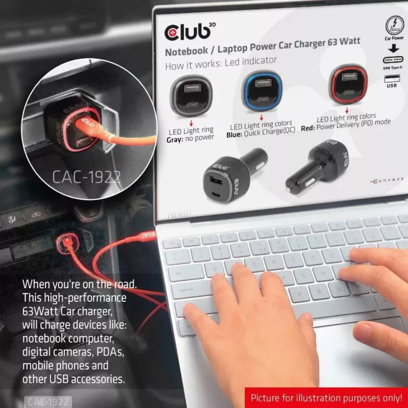 CLUB3D Notebook / Laptop Power Car Charger 63 Watt, Auto, Cigar lighter, 24 V, Black