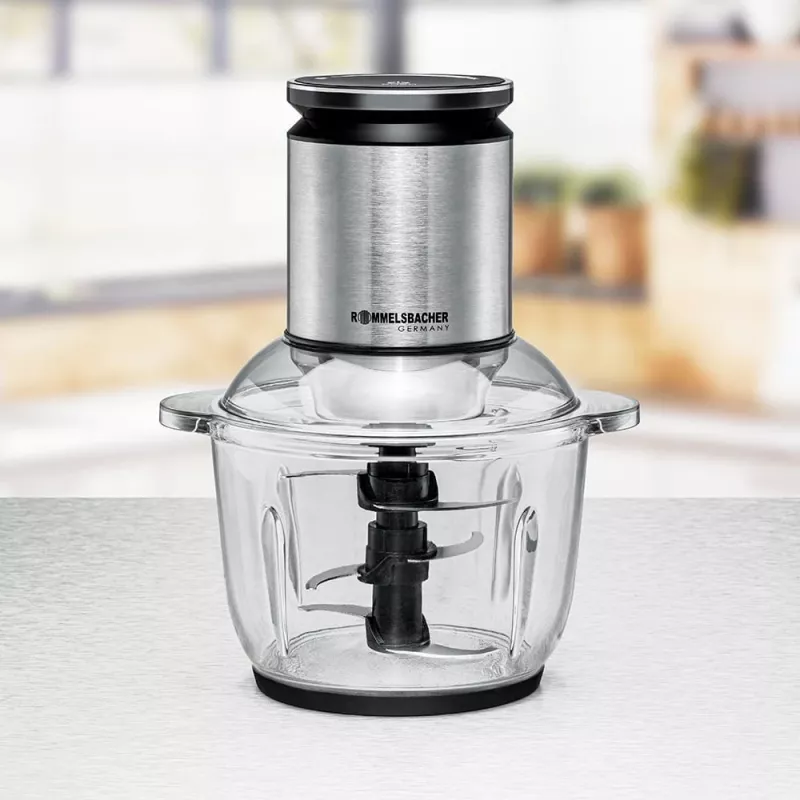 Electric food chopper Rommelsbacher MZ 600 — 2 L glass bowl, 600 W, stainless steel housing, 22-speed, 6-blade