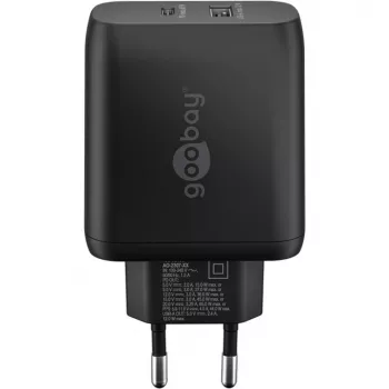 USB-C Dual-Fast Charger, PD, GaN, 65 Watt (black, 1x USB-C, 1x USB-A, Power Delivery)