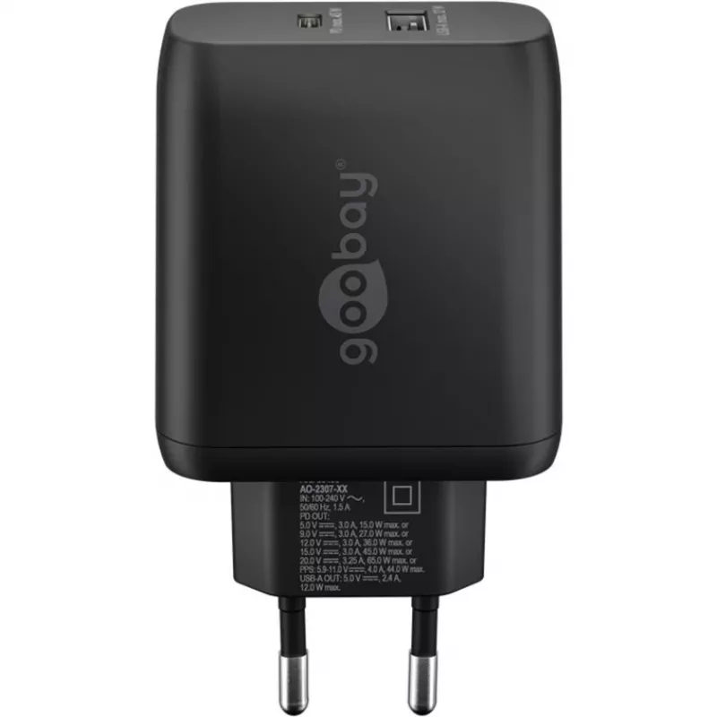 USB-C Dual-Fast Charger, PD, GaN, 65 Watt (black, 1x USB-C, 1x USB-A, Power Delivery)