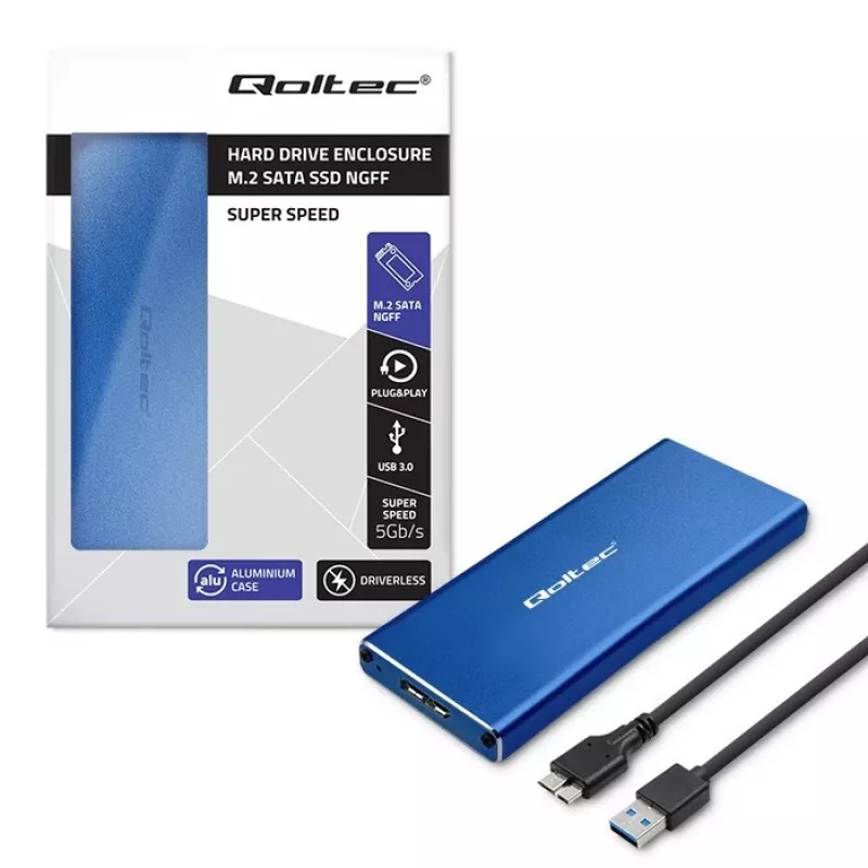 SSD enclosure QOLTEC 51832 — external M.2 SATA, USB 3.0, up to 2TB, blue, supports 30 mm drives, 4 slots