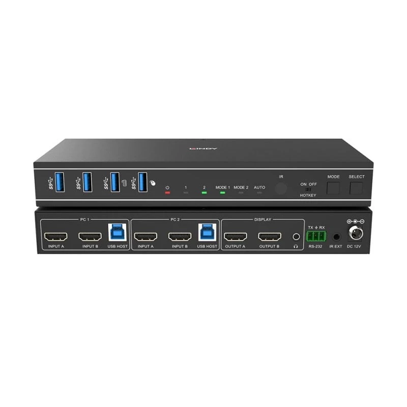 Lindy 2 Port Dual Head HDMI 4K60, USB 3.0 KVM Switch, 4096 x 2160 pixels, 4K Ultra HD, Black