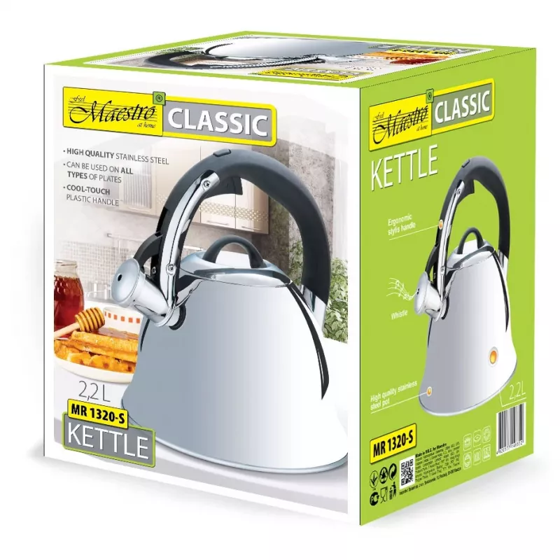 Maestro MR-1320-S Stovetop Whistling Kettle, 2.2 L, Stainless Steel