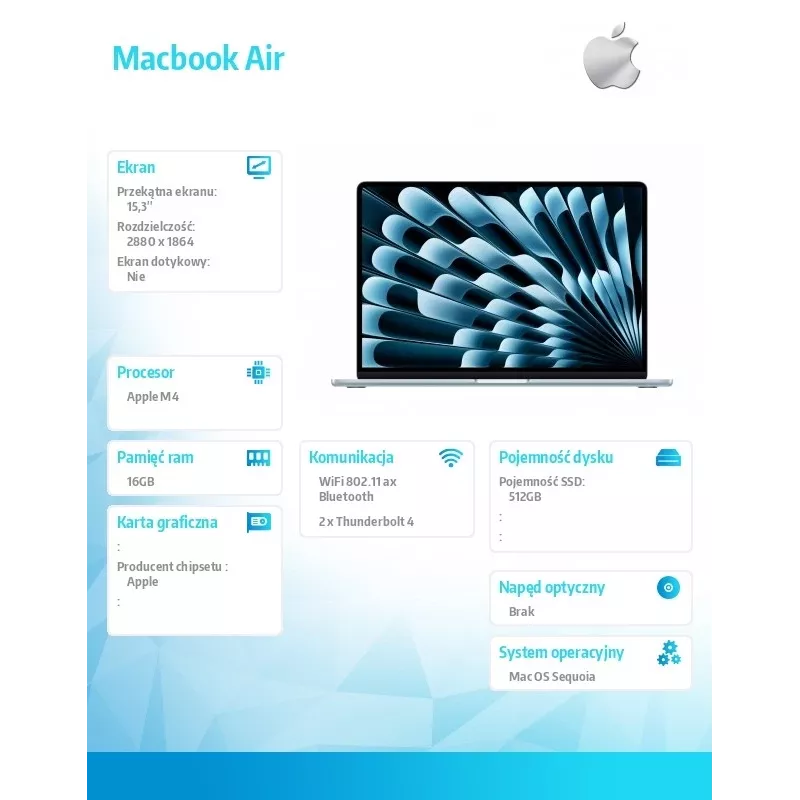 MacBook Air 15.3 inches: M4 10/10, 16GB, 512GB, 35W - Sky Blue - MC7A4ZE/A/D1