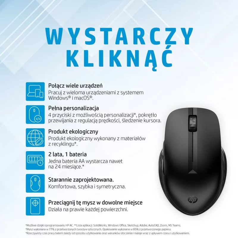 HP 435 Multi-Device Wireless Mouse, Ambidextrous, RF Wireless + Bluetooth, 4000 DPI, Black