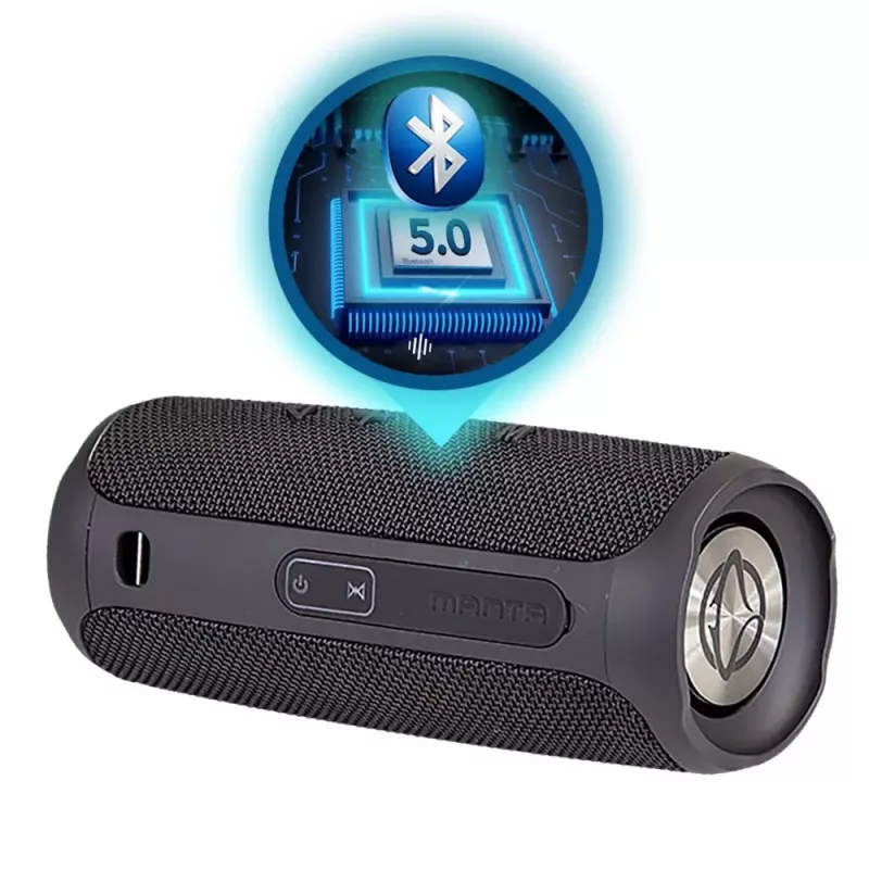 Portable speaker MANTA SPK130GO BT — Bluetooth 5.0, TWS, FM, 10W RMS, rechargeable (black, 8×8×19 cm)