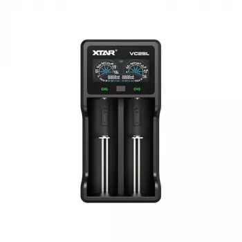 Battery charger XTAR VC2SL — USB 5V 1A, LCD, charges 2 cells, compatible Li‑Ion/NiMH/NiCd, sizes A/AA/AAA/AAAA/C/D/SC, black