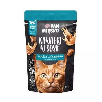 Wet cat food Pan Miesko Turkey with Tuna 85 g — Complete Adult Cat Wet Food, 81% Moisture, 10.5% Protein